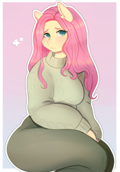 Size: 2100x3000 | Tagged: safe, artist:cutievarka, fluttershy, pegasus, anthro, g4, breasts, busty fluttershy, clothes, female, gradient background, high res, mare, smiling, solo, sweater, sweater puppies, sweatershy, thighs, thunder thighs