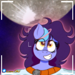 Size: 3000x3000 | Tagged: safe, artist:juniverse, oc, oc only, oc:juniverse, earth pony, pony, camera shot, looking up, moon, photo, satellite, smiling, solo, space, space pony, stars, universe