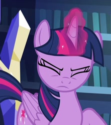 Size: 956x1080 | Tagged: safe, screencap, twilight sparkle, alicorn, pony, g4, it isn't the mane thing about you, cropped, eyes closed, library, magic, magic aura, raised hoof, solo, twilight sparkle (alicorn), twilight's castle, twilight's castle library