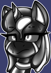 Size: 273x392 | Tagged: safe, artist:askhypnoswirl, oc, oc:quillian inkheart, goo, goo pony, original species, pony, unicorn, glowing, glowing eyes, good, gooey, monochrome, solo, two toned mane, unamused