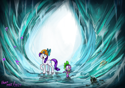 Size: 3508x2480 | Tagged: safe, artist:user-fox, rarity, spike, dragon, pony, unicorn, g4, bone, cave, crystal, duo, duo male and female, female, helmet, ice, male, mining helmet, skull