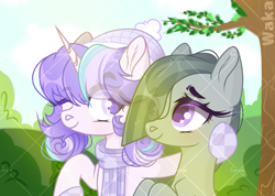 Size: 2398x1710 | Tagged: safe, artist:waka, marble pie, oc, oc:delia ino, earth pony, unicorn, g4, canon x oc, friendship, horn, hug, smiling, sunshine, tree, unicorn oc