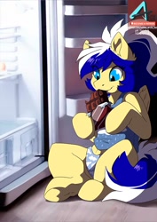 Size: 777x1100 | Tagged: safe, artist:arctic-fox, oc, oc only, oc:animatedpony, pegasus, pony, chocolate, clothes, female, food, mare, pegasus oc, refrigerator, solo