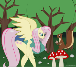 Size: 1512x1329 | Tagged: safe, artist:lisandro256, fluttershy, pegasus, squirrel, anthro, g4, acorn, bent over, big breasts, breasts, busty fluttershy, duo, female, forest, looking at something, mushroom, nature, tree