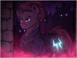 Size: 1280x960 | Tagged: safe, artist:binibean, tempest shadow, pony, unicorn, g4, my little pony: the movie, armor, broken horn, glowing, glowing eyes, horn, silhouette, solo focus, storm guard