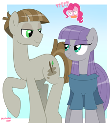 Size: 2039x2230 | Tagged: safe, artist:lullapiies, maud pie, mudbriar, pinkie pie, earth pony, pony, g4, the maud couple, blue background, clothes, confused, duo focus, female, frock coat, gradient background, head only, high res, looking at each other, looking at someone, male, mare, open mouth, passepartout, pinpoint eyes, question mark, raised hoof, ship:maudbriar, shipping, signature, simple background, smiling, smiling at each other, stallion, straight, when he smiles, when she smiles