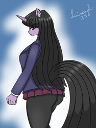 Size: 1200x1600 | Tagged: safe, artist:lisandro256, twilight sparkle, unicorn, anthro, g4, alternate hair color, ass, butt, clothes, crossover, female, jacket, komi can't communicate, shoko komi, skirt, solo, twibutt