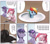 Size: 1350x1188 | Tagged: safe, artist:kolgha, pinkie pie, rainbow dash, twilight sparkle, earth pony, pony, unicorn, g4, comic, disembodied head, floppy ears, food, japanese, plate, pouring, sauce, speech bubble, translation request, unicorn twilight, wat