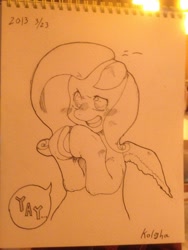 Size: 960x1280 | Tagged: safe, artist:kolgha, fluttershy, pegasus, pony, g4, grin, hooves together, monochrome, sketch, smiling, solo, speech bubble, traditional art, yay