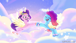 Size: 520x293 | Tagged: safe, edit, edited screencap, editor:quoterific, screencap, misty brightdawn, pipp petals, alicorn, pony, g5, my little pony: tell your tale, the lone alicorn, spoiler:g5, spoiler:my little pony: tell your tale, spoiler:tyts02e07, adorapipp, alicornified, animated, artificial horn, artificial wings, augmented, cloud, cute, dream, duo, duo female, female, flying, happy, horn, magic, magic horn, magic wings, mare, mistybetes, mistycorn, pippcorn, race swap, spinning, wings