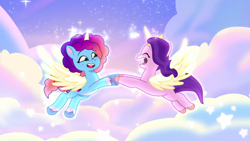 Size: 1280x720 | Tagged: safe, screencap, misty brightdawn, pipp petals, alicorn, pony, g5, my little pony: tell your tale, the lone alicorn, spoiler:g5, spoiler:my little pony: tell your tale, spoiler:tyts02e07, alicornified, artificial horn, artificial wings, augmented, female, horn, magic, magic horn, magic wings, mare, mistycorn, pippcorn, race swap, wings