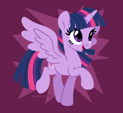 Size: 1500x1380 | Tagged: safe, artist:screamingrel, twilight sparkle, alicorn, pony, g4, abstract background, backwards cutie mark, open mouth, purple background, signature, simple background, smiling, solo, spread wings, standing on two hooves, twilight sparkle (alicorn), wings
