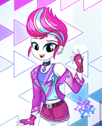 Size: 2015x2490 | Tagged: safe, artist:rjp.rammy, zipp storm, human, equestria girls, g4, g5, belly button, clothes, ear piercing, earring, equestria girls-ified, eyebrows, eyeshadow, fingerless gloves, g5 to equestria girls, g5 to g4, generation leap, gloves, high res, jacket, jewelry, makeup, midriff, open mouth, open smile, piercing, shorts, signature, smiling, solo