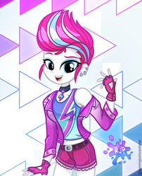 Size: 2015x2490 | Tagged: safe, artist:rjp.rammy, zipp storm, human, equestria girls, g4, g5, belly button, clothes, ear piercing, earring, equestria girls-ified, eyebrows, eyeshadow, fingerless gloves, g5 to equestria girls, g5 to g4, generation leap, gloves, high res, jacket, jewelry, makeup, midriff, open mouth, open smile, piercing, shorts, signature, slender, smiling, solo, thin