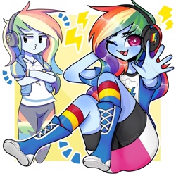 Size: 1440x1440 | Tagged: safe, artist:jaxi_draws, rainbow dash, human, equestria girls, g4, blushing, clothes, compression shorts, crossed arms, cutie mark on clothes, duckface, emanata, eye clipping through hair, eyebrows, eyebrows visible through hair, female, geode of super speed, headphones, jewelry, leggings, looking at you, magical geodes, necklace, one eye closed, passepartout, rainbow socks, sitting, smiling, smiling at you, socks, solo, striped socks, watermark
