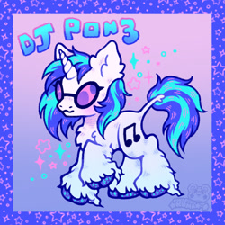 Size: 640x640 | Tagged: safe, artist:pekopekokuma, dj pon-3, vinyl scratch, pony, unicorn, g4, colored hooves, cutie mark, female, fluffy, glasses, gradient background, hooves, horn, leonine tail, mare, raised hoof, signature, solo, sparkles, standing, stars, tail, text, two toned mane, two toned tail, unshorn fetlocks, vinyl's glasses