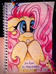 Size: 510x680 | Tagged: safe, artist:yumkandie, fluttershy, rainbow dash, pegasus, pony, g4, blushing, eyebrows, female, figurine, floppy ears, freckles, freckleshy, heart, heart eyes, lesbian, looking at you, pencil drawing, ship:flutterdash, shipping, surprised, traditional art, wingding eyes