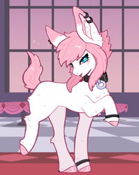 Size: 1711x2153 | Tagged: safe, artist:kazuoii, oc, oc:moky, earth pony, pony, blue eyes, canterlot castle, chest fluff, collar, ear piercing, ear tufts, earth pony oc, eyelashes, eyeliner, female, female oc, fetlock tuft, heart, heart eyes, hooves, looking at you, makeup, open mouth, piercing, pink coat, pink mane, pink tail, pose, raised hoof, raised leg, solo, tail, wingding eyes