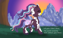 Size: 2160x1316 | Tagged: safe, artist:bluestar386, violette rainbow, pony, unicorn, g5, dreadlocks, eyes closed, female, filly, foal, glowing cutie mark, horn, mountain, outdoors, raised hoof, smiling, solo, tail, tree, unshorn fetlocks, vitiligo, windswept mane, windswept tail