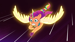 Size: 2160x1215 | Tagged: safe, screencap, sunny starscout, alicorn, pony, g5, my little pony: tell your tale, the lone alicorn, spoiler:g5, spoiler:my little pony: tell your tale, spoiler:tyts02e07, artificial horn, artificial wings, augmented, female, flying, frown, mane stripe sunny, mare, race swap, solo, spread wings, sunnycorn, teeth, wings