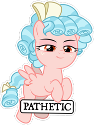 Size: 894x1183 | Tagged: safe, artist:sollace, derpibooru exclusive, cozy glow, pegasus, frenemies (episode), g4, .svg available, bow, caption, female, filly, flying, foal, hair bow, looking at you, looking down, looking down at you, outline, pathetic, ringlets, simple background, smiling, smirk, solo, sticker, svg, text, transparent background, vector, white outline