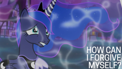 Size: 1920x1080 | Tagged: safe, edit, edited screencap, editor:quoterific, screencap, princess luna, alicorn, do princesses dream of magic sheep, g4, clothes, crying, diadem, dream, ethereal mane, hoof on chest, jewelry, magic, ponyville, regalia, shoes, solo, text