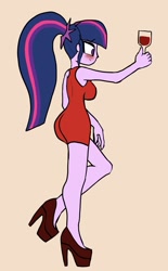 Size: 1242x1998 | Tagged: safe, artist:peel_a_na, sci-twi, twilight sparkle, equestria girls, g4, blushing, butt, clothes, dress, high heels, missing accessory, sci-twibutt, shoes, short dress, simple background, solo