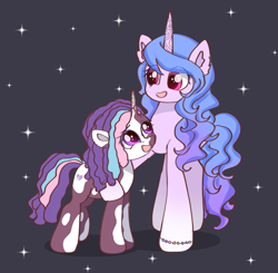 Size: 1883x1845 | Tagged: safe, artist:jaanhavi, izzy moonbow, violette rainbow, pony, unicorn, g5, bracelet, dreadlocks, duo, duo female, female, filly, foal, friendship bracelet, horn, jewelry, looking at each other, looking at someone, looking down, looking up, mare, open mouth, open smile, smiling, sparkles, tail, vitiligo