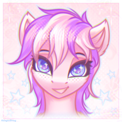 Size: 2100x2100 | Tagged: safe, artist:adagiostring, oc, oc only, pegasus, abstract background, bust, cutie, female, headshot commission, looking at you, pegasus oc, portrait, smiling, smiling at you, solo, sparkles, stars