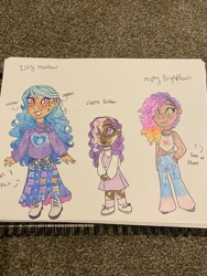 Size: 1536x2048 | Tagged: safe, artist:swirlmlp69768, izzy moonbow, misty brightdawn, violette rainbow, human, g5, boots, bracelet, choker, clothes, crystal, dark skin, dreadlocks, dress, female, friendship bracelet, glitter, grin, hair ornament, hand in pocket, hands together, humanized, jewelry, midriff, necklace, pants, photo, rebirth misty, shoes, skirt, smiling, socks, sweater, tank top, traditional art, trio, trio female, vitiligo, young
