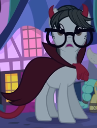 Size: 670x875 | Tagged: safe, screencap, sunshower raindrops, writing desk, earth pony, pegasus, pony, g4, luna eclipsed, cape, clothes, costume, cropped, devil costume, devil tail, female, frown, glasses, horns, mare, nightmare night costume, open mouth, solo focus, tail