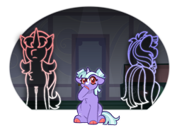 Size: 1020x750 | Tagged: safe, artist:queerhorses, double diamond, starlight glimmer, oc, oc:star glow, earth pony, pony, unicorn, g4, cloven hooves, colored hooves, female, filly, foal, male, next generation, offspring, parent:double diamond, parent:starlight glimmer, parents:glimmerdiamond, pigtails