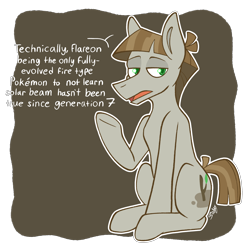 Size: 2048x2040 | Tagged: safe, artist:saltyspittoon, mudbriar, earth pony, pony, g4, colored pinnae, dialogue, looking away, male, open mouth, pokémon, raised hoof, simple background, sitting, solo, stallion, tail, talking, technically, text, transparent background, two toned mane, two toned tail