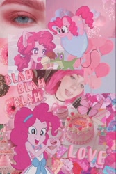 Size: 736x1102 | Tagged: safe, edit, editor:cheryl0327xxx, pinkie pie, earth pony, human, pony, equestria girls, g4, collage, humanized, irl, open mouth, open smile, peace sign, photo, selfie, smiling