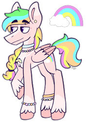 Size: 2038x2871 | Tagged: safe, artist:saltyspittoon, oc, oc only, oc:tropical falls, pegasus, pony, blaze (coat marking), body freckles, bracelet, choker, coat markings, colored eartips, colored hooves, colored pinnae, colored wings, colored wingtips, cutie mark, ear piercing, earring, eyebrows, eyebrows visible through hair, facial markings, folded wings, freckles, jewelry, lidded eyes, long legs, multicolored hair, necklace, outline, pale belly, pegasus oc, piercing, purple eyes, rainbow hair, rainbow tail, raised hoof, reference sheet, signature, simple background, socks (coat markings), solo, standing, tail, transparent background, unshorn fetlocks, wings