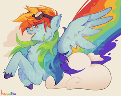 Size: 1280x1020 | Tagged: safe, artist:hannipw, rainbow dash, pegasus, pony, g4, alternate hairstyle, bandaid, bandaid on nose, beauty mark, blushing, cheek fluff, chest fluff, cloud, colored eartips, colored hooves, colored pinnae, ear fluff, ear tufts, eyebrows, eyebrows visible through hair, eyelashes, female, goggles, goggles on head, long hair, looking back, mare, multicolored hair, multicolored mane, on a cloud, open mouth, open smile, pink eyes, profile, rainbow, rainbow hair, raised hooves, signature, smiling, spread wings, teeth, unshorn fetlocks, watermark, wing fluff, wings
