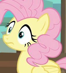 Size: 531x584 | Tagged: safe, screencap, fluttershy, pegasus, pony, g4, the mean 6, alternate hairstyle, cropped, female, mane swap, solo, voice actor joke