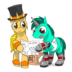 Size: 500x500 | Tagged: safe, artist:drjavi, oc, oc only, oc:clockwork_creamsicle, oc:coppercog, earth pony, unicorn, cuffs (clothes), duo, earth pony oc, front view, hat, horn, male oc, monocle, top hat, unicorn oc