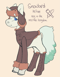 Size: 1047x1336 | Tagged: safe, artist:beyhr, oc, oc only, oc:snowbird, earth pony, blue eyes, boots, clothes, coat, colored hooves, earth pony oc, eyebrows, eyebrows visible through hair, fake horn, fluffy tail, frown, hat, jacket, male, shoes, stallion, tail, text, two toned tail, ushanka, winter clothes, winter hat