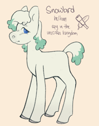 Size: 1047x1336 | Tagged: safe, artist:beyhr, oc, oc only, oc:snowbird, earth pony, blue eyes, colored hooves, earth pony oc, eyebrows, eyebrows visible through hair, fluffy mane, fluffy tail, frown, hat, male, stallion, tail, text, two toned mane, two toned tail, winter hat