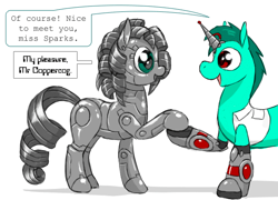 Size: 600x433 | Tagged: safe, artist:drjavi, oc, oc only, oc:coppercog, oc:sparks_(zekeziel), cyborg, cyborg pony, earth pony, pony, robot, robot pony, duo, earth pony oc, female oc, male oc