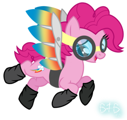 Size: 918x870 | Tagged: safe, artist:baconforbreakfast426, pinkie pie, earth pony, pony, g4, female, goggles, makeshift wings, rainbow dash's cutie mark, simple background, solo, swapped cutie marks, transparent background