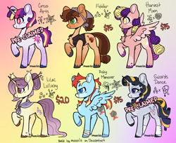 Size: 2048x1669 | Tagged: safe, artist:beyhr, oc, oc only, oc:circus arts, oc:fiddler, oc:harvest moon, oc:lilac lullaby, oc:risky maneuver, oc:swords dance, earth pony, pegasus, pony, unicorn, adoptable, bald face, bandage, bandaged leg, bandaid, bandaid on nose, bandana, base used, blaze (coat marking), blue eyes, blushing, chest fluff, clothes, coat markings, colored eartips, colored fetlocks, colored hooves, colored horn, colored muzzle, colored pinnae, colored wings, colored wingtips, ear piercing, ear tufts, earring, earth pony oc, eyebrows, eyebrows visible through hair, eyelashes, facial markings, freckles, gradient background, gradient mane, gradient tail, green eyes, hair bun, hairpin, heart, heart mark, horn, jewelry, lidded eyes, long tail, necklace, offspring, parent:applejack, parent:fluttershy, parent:rainbow dash, parent:rarity, parent:twilight sparkle, parents:canon x oc, pegasus oc, piercing, pink eyes, purple eyes, raised hoof, ringlets, scarf, short mane, signature, socks, sparkles, splotches, spread wings, standing, straight mane, tail, text, torn ear, two toned mane, two toned tail, two toned wings, unicorn oc, unshorn fetlocks, vest, wall of tags, wingding eyes, wings, yellow eyes
