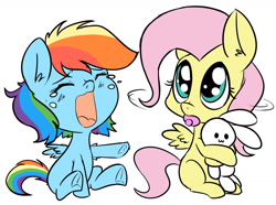 Size: 1397x1037 | Tagged: safe, artist:anibaruthecat, fluttershy, rainbow dash, pegasus, pony, g4, crying, duo, female, filly, filly fluttershy, filly rainbow dash, old art, pacifier, plushie, simple background, sitting, white background, younger