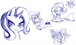 Size: 3000x1795 | Tagged: safe, artist:anibaruthecat, moondancer, trixie, twilight sparkle, alicorn, pony, unicorn, g4, age regression, female, filly, filly trixie, hug, monochrome, old art, sketch, twilight sparkle (alicorn), younger