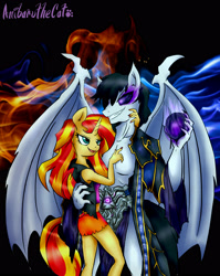 Size: 2550x3207 | Tagged: safe, artist:anibaruthecat, sunset shimmer, oc, oc:malcontent, bat pony, unicorn, anthro, g4, canon x oc, crystal ball, duo, edgy, female, high res, male, old art, sombra eyes, straight