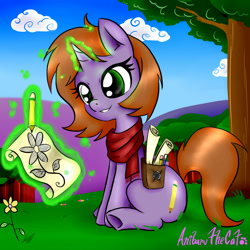 Size: 1500x1500 | Tagged: safe, artist:anibaruthecat, oc, oc only, oc:pencil sketch, pony, unicorn, clothes, drawing, female, grin, horn, levitation, magic, mare, old art, paper, pencil, scarf, sitting, smiling, solo, telekinesis, unicorn oc