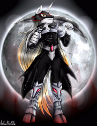 Size: 2550x3295 | Tagged: safe, artist:anibaruthecat, oc, oc only, unicorn, anthro, unguligrade anthro, armor, full moon, high res, male, mask, moon, old art, solo, weapon