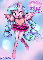 Size: 1741x2400 | Tagged: safe, artist:anibaruthecat, oc, oc only, oc:cotton melody, pegasus, anthro, unguligrade anthro, clothes, dress, female, filly, foal, heart, heart pillow, high res, idol, looking at you, old art, one eye closed, open mouth, pigtails, pillow, solo, wink