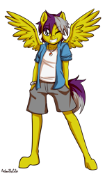Size: 1157x1920 | Tagged: safe, artist:anibaruthecat, oc, oc only, pegasus, anthro, anthro oc, clothes, grin, hoof feet, jewelry, male, necklace, old art, one eye closed, poké ball, pokémon, shorts, simple background, smiling, solo, transparent background